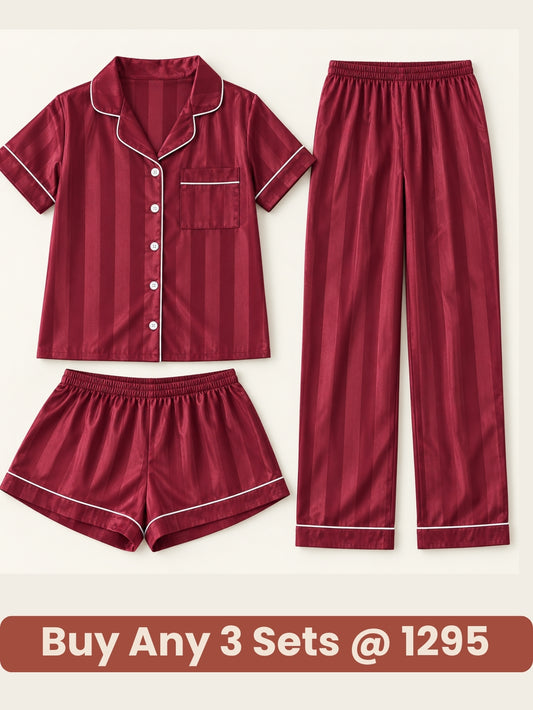 Burgundy Luxe 3-Piece Satin Pajama Set