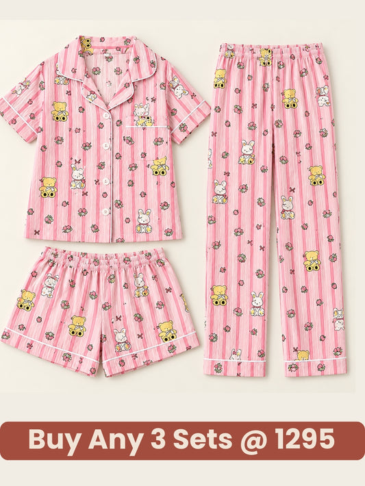 Strawberry Teddy Pink 3-Piece Pajama Set – Shirt, Shorts & Pants