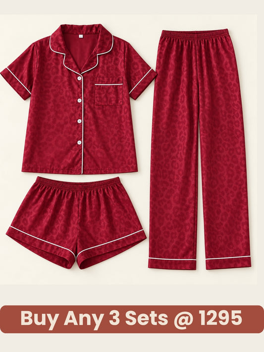 Wine Satin Leopard Print 3-Piece Nightwear Set