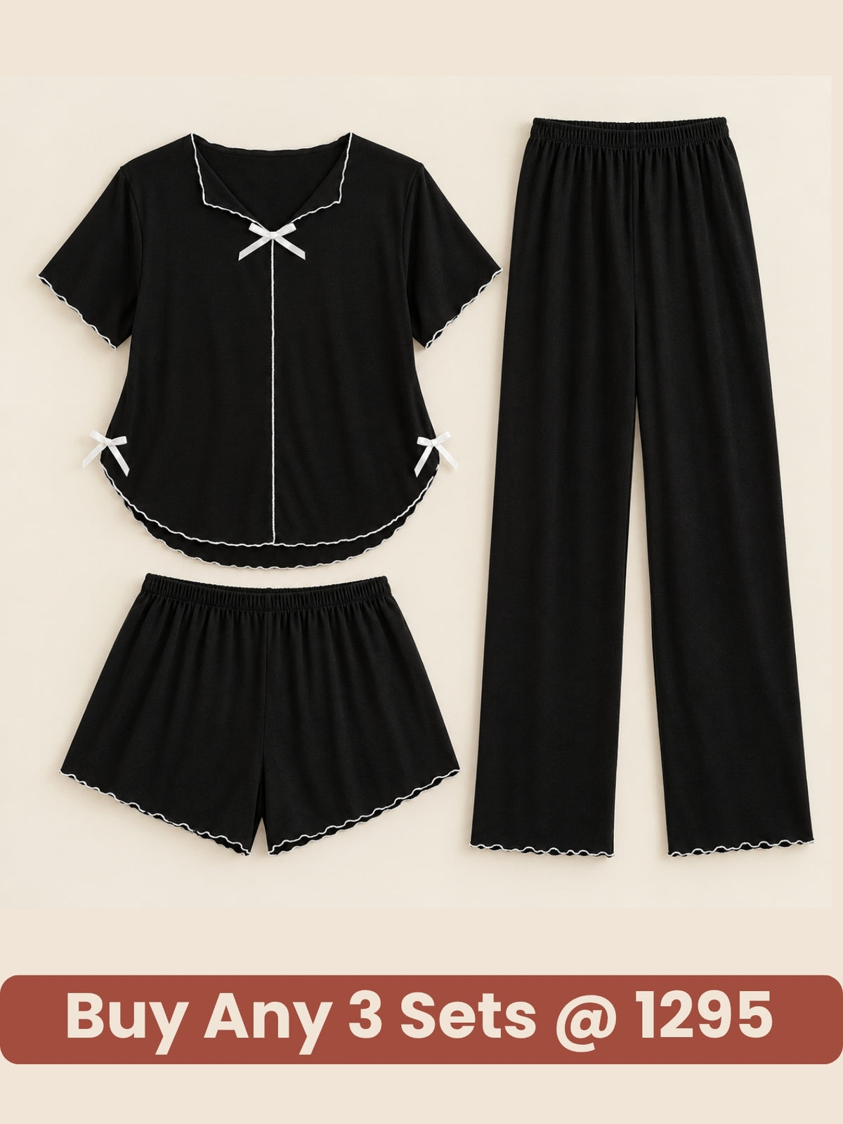 Midnight Bow 3-Piece Lounge Pajama Set