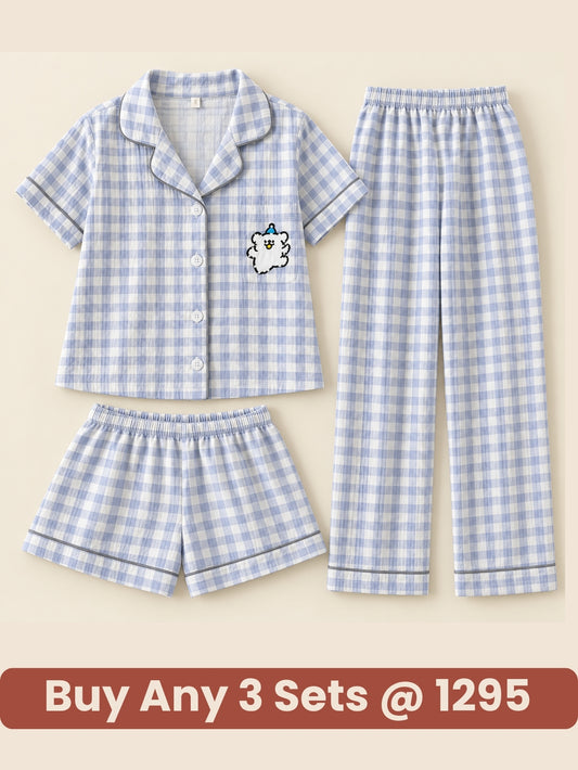 Cloud Check 3-Piece Pajama Set – Shirt, Shorts & Pants