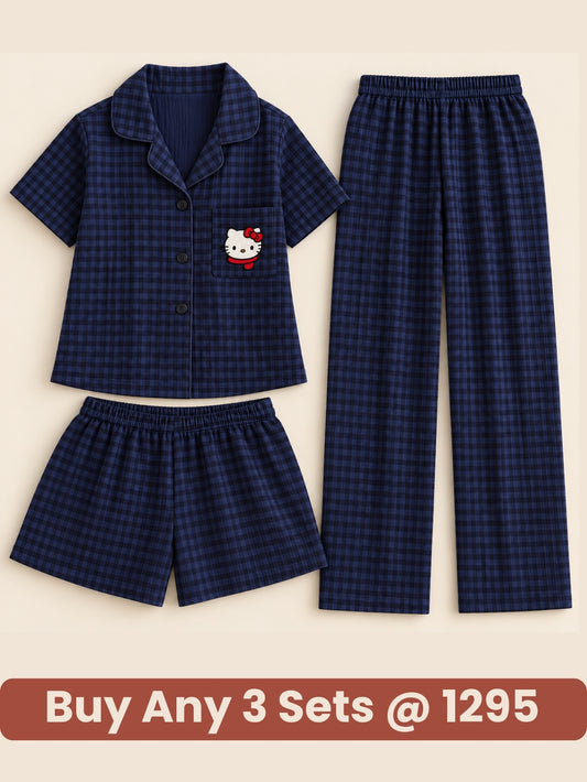 Midnight Kitty Check 3-Piece Pajama Set – Shirt, Shorts & Pants