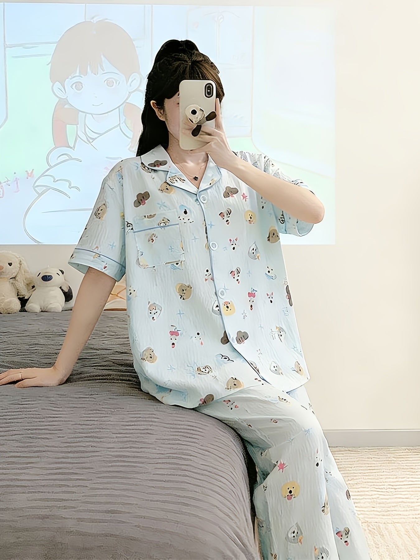 Sky Blue Puppy Charm 3-Piece Pajama Set – Shirt, Shorts & Pants