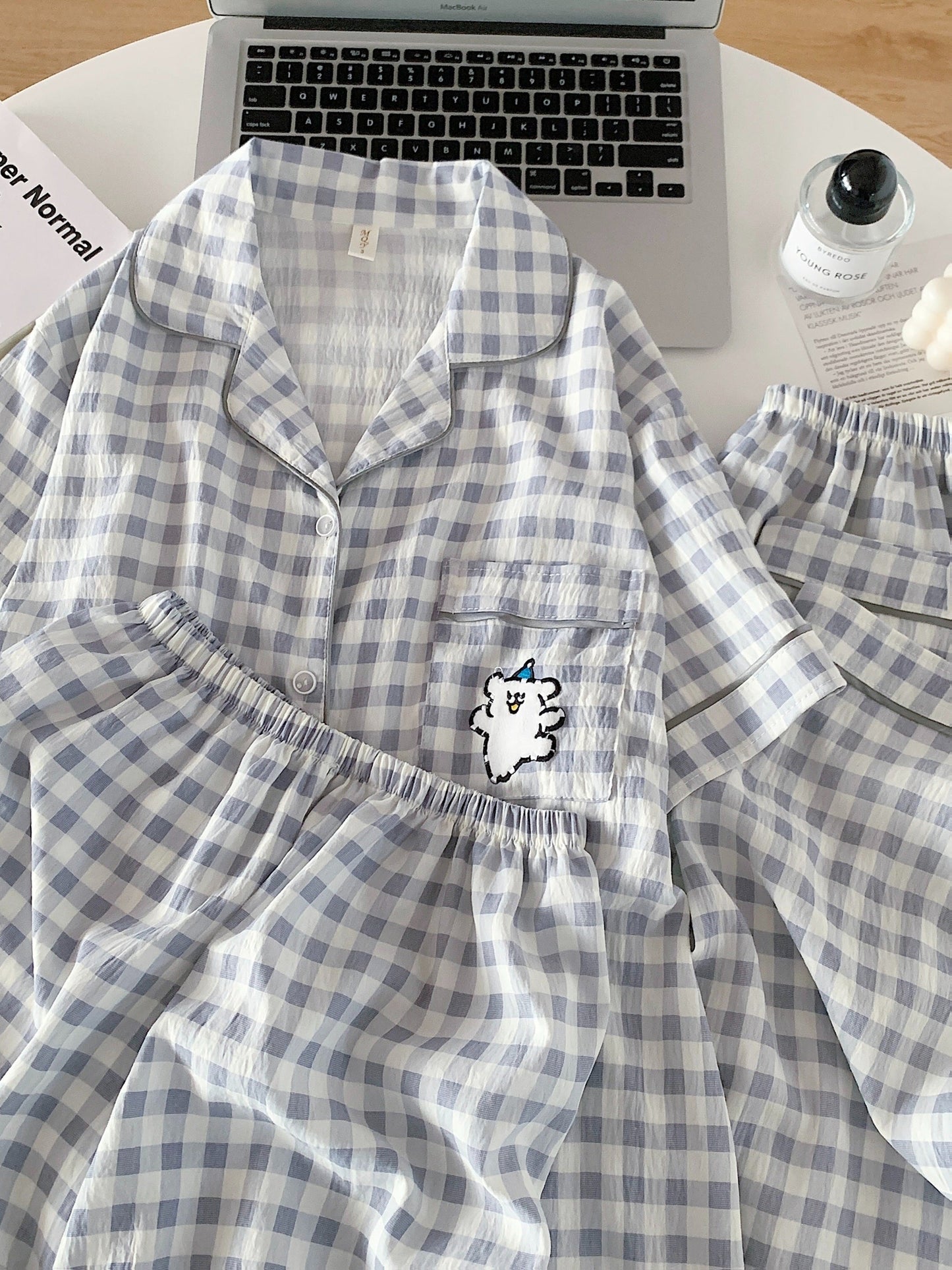 Cloud Check 3-Piece Pajama Set – Shirt, Shorts & Pants