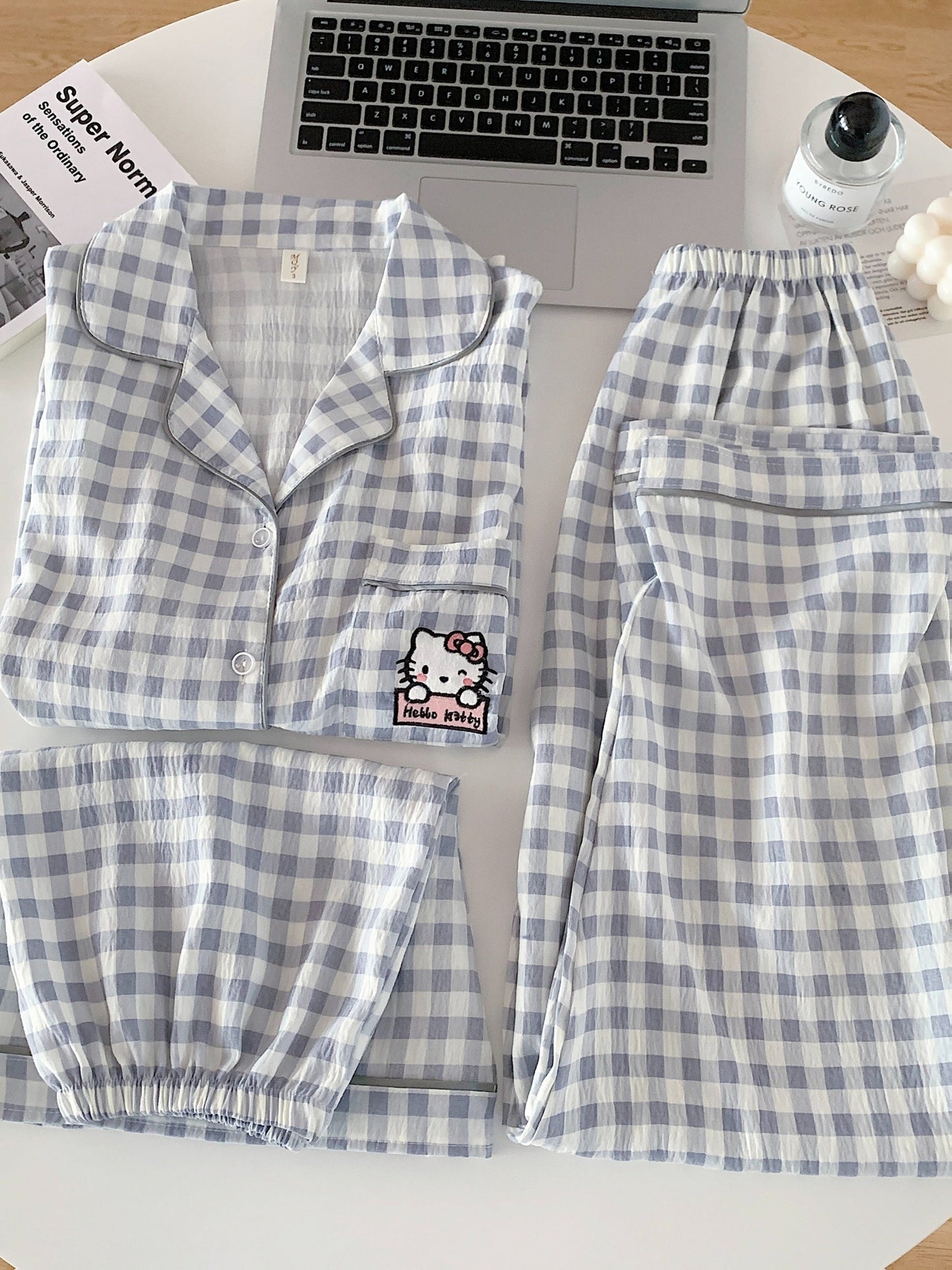 Hello Kitty Cloud Check 3-Piece Pajama Set – Shirt, Shorts & Pants