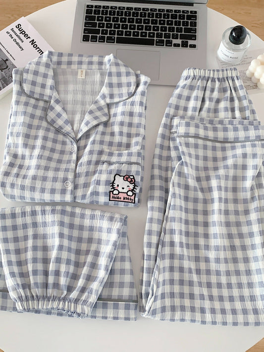 Hello Kitty Cloud Check 3-Piece Pajama Set – Shirt, Shorts & Pants