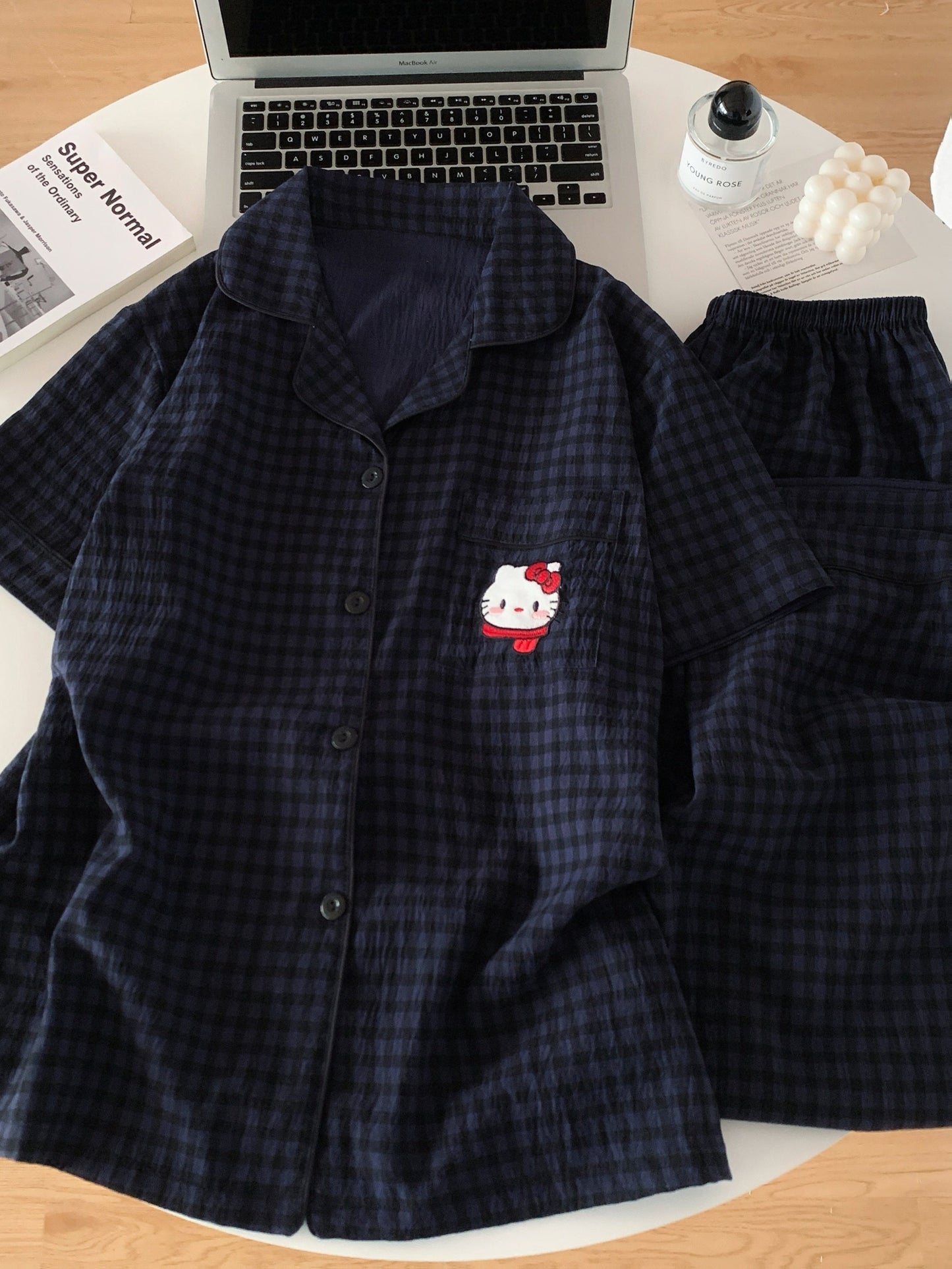 Midnight Kitty Check 3-Piece Pajama Set – Shirt, Shorts & Pants
