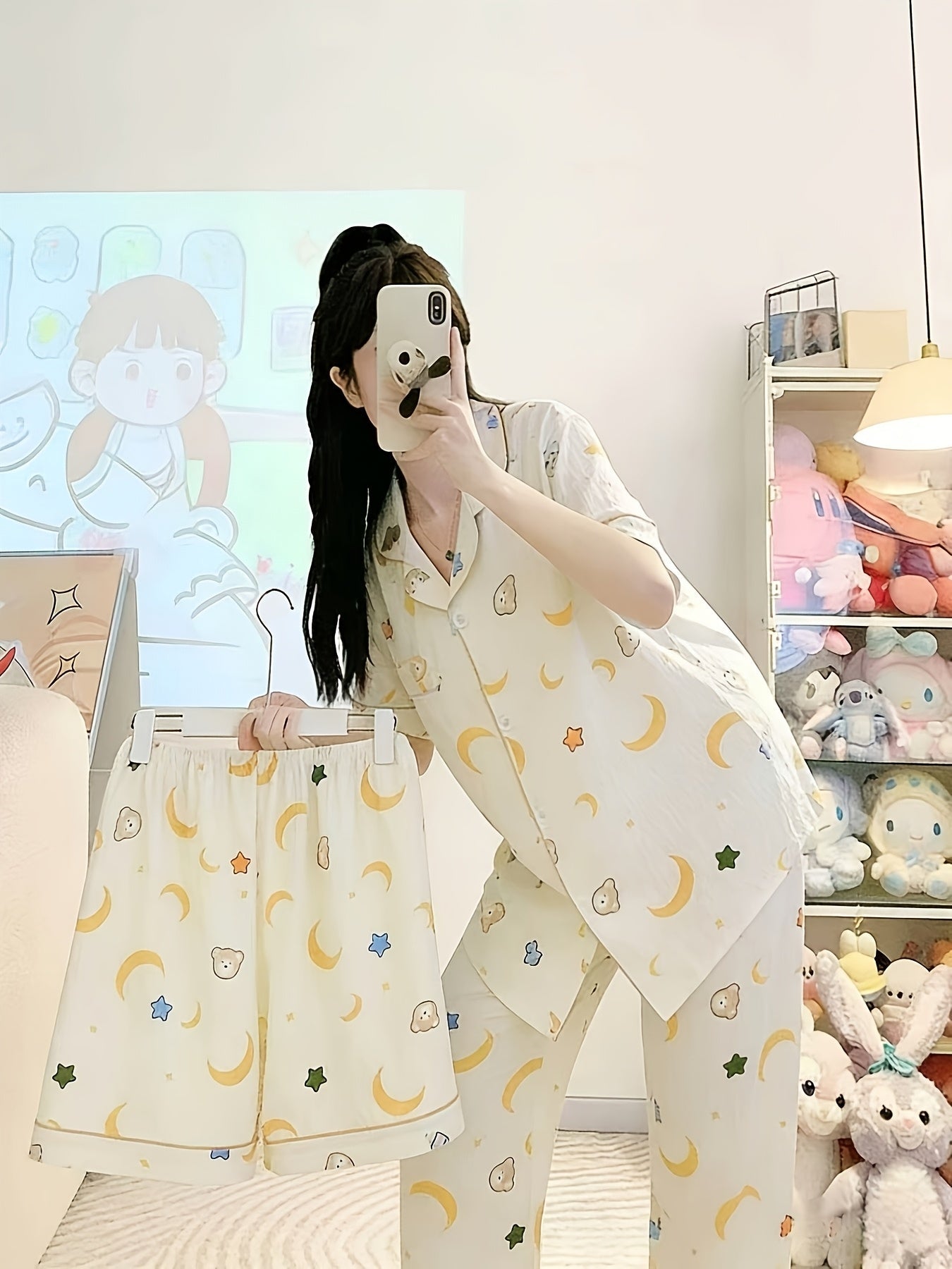 Moonlight Teddy 3-Piece Pajama Set – Shirt, Shorts & Pants