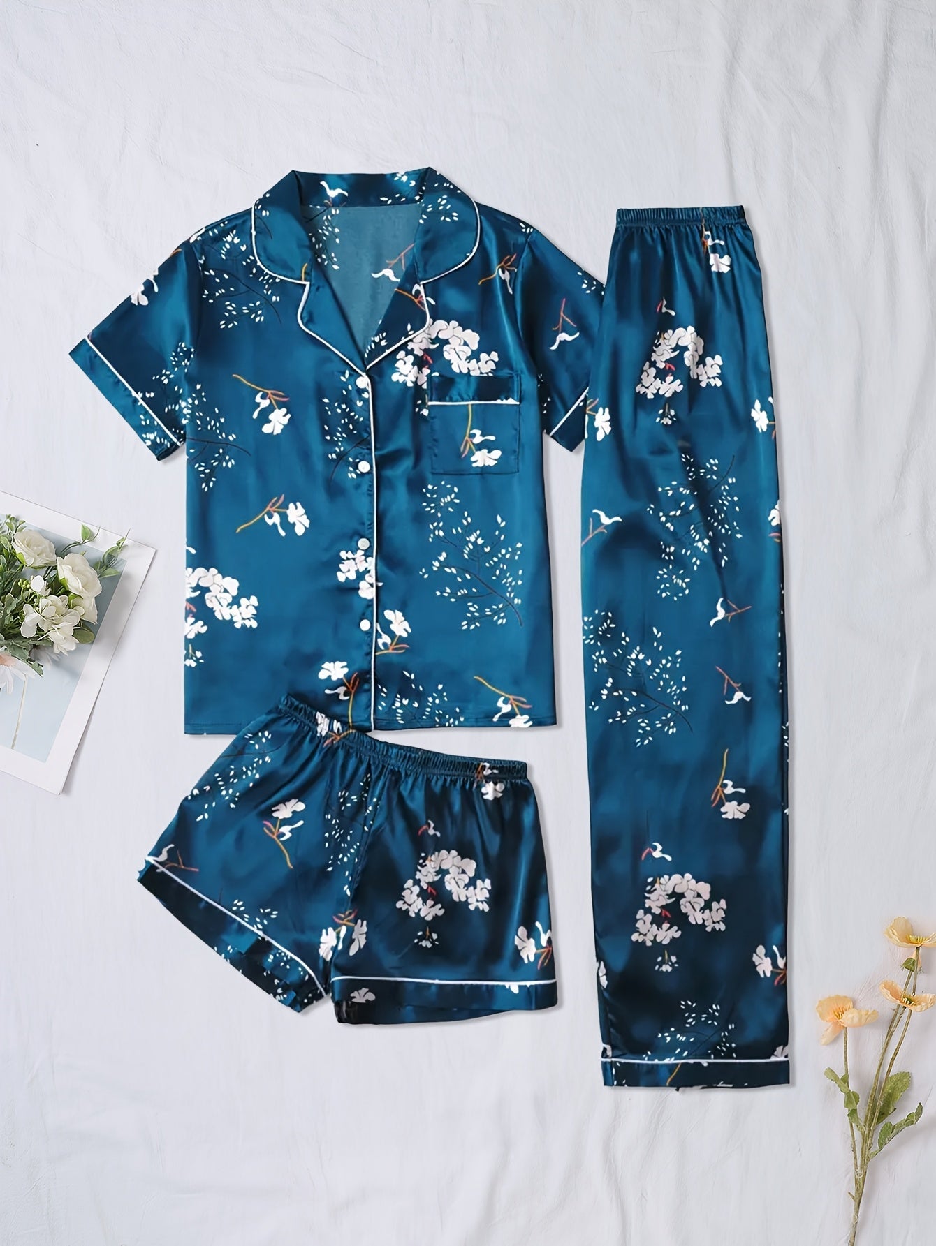 Midnight Bloom Satin 3-Piece Pajama Set