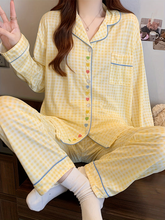 Yellow Gingham Heart Detail Women’s Pajama Set