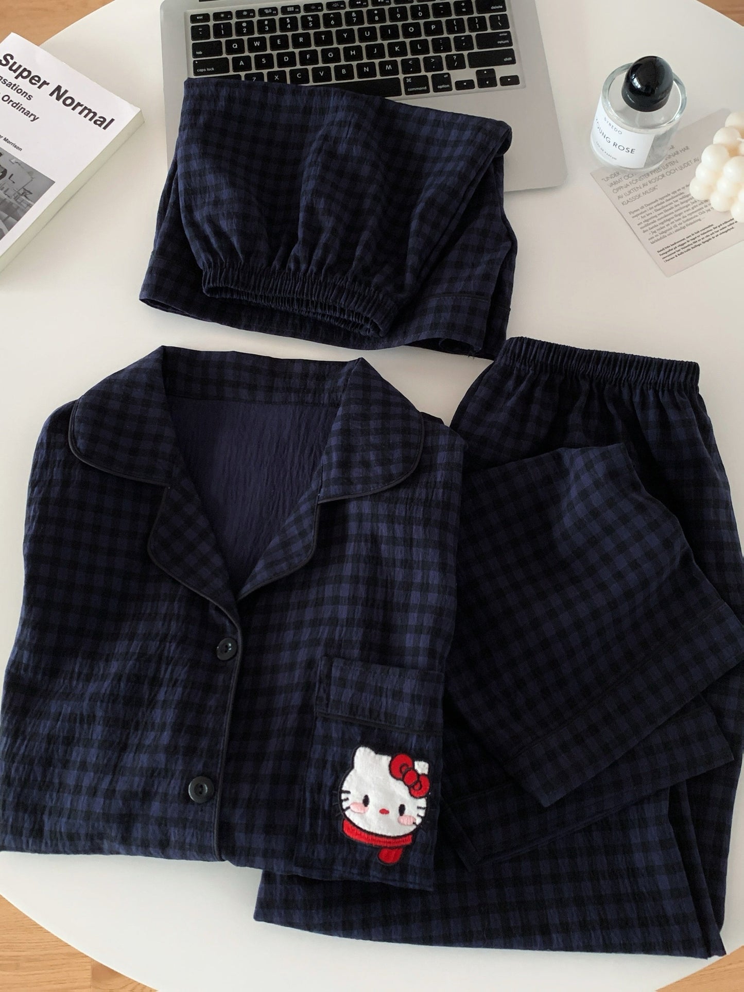 Midnight Kitty Check 3-Piece Pajama Set – Shirt, Shorts & Pants