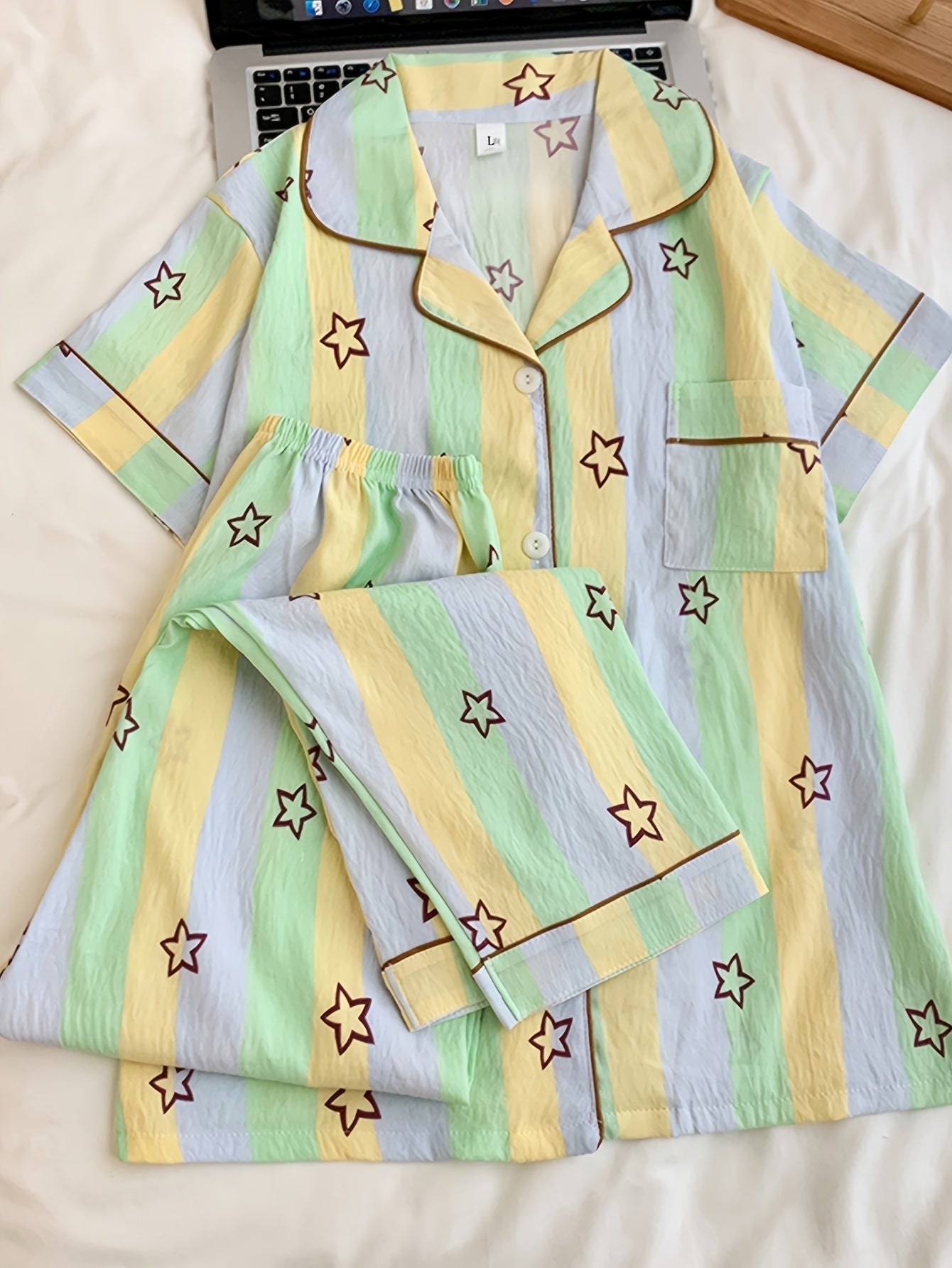 Pastel Star Stripe 3-Piece Pajama Set – Shirt, Shorts & Pants