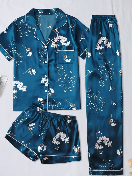 Midnight Bloom Satin 3-Piece Pajama Set