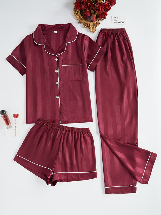 Burgundy Luxe 3-Piece Satin Pajama Set