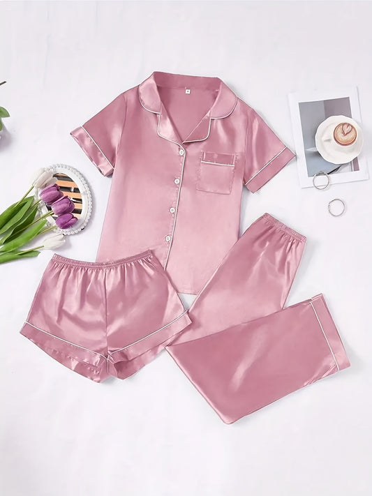 Blush Satin Luxe 3-Piece Pajama Set
