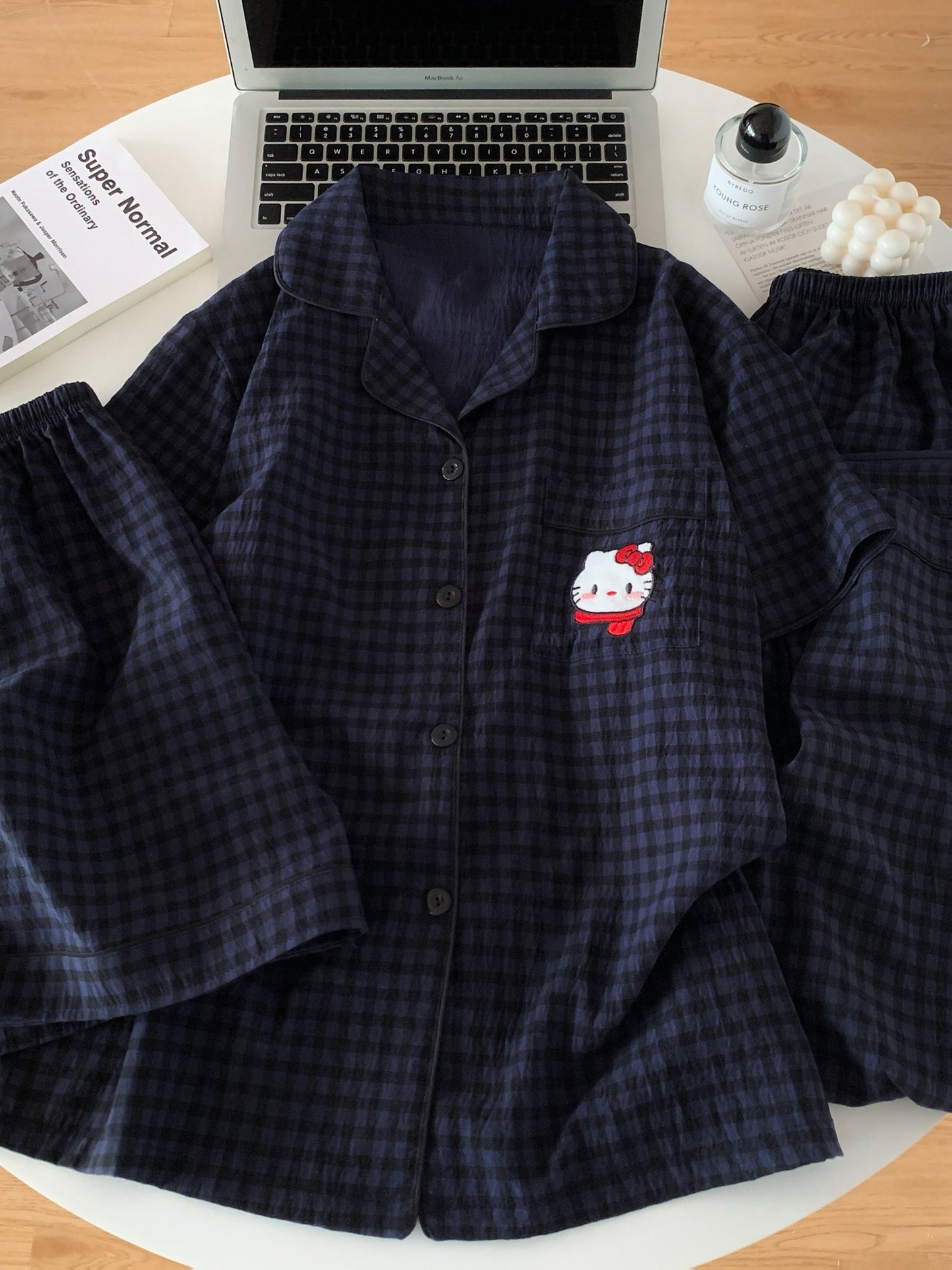 Midnight Kitty Check 3-Piece Pajama Set – Shirt, Shorts & Pants