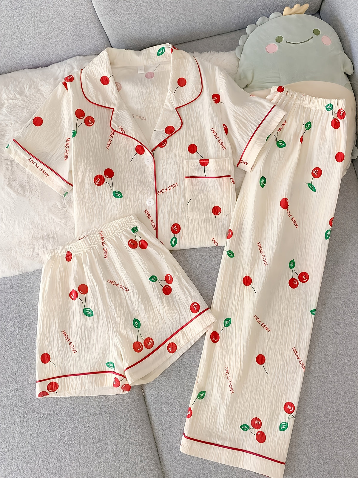 Cherry Print 3-Piece Women’s Pajama Set – Ivory