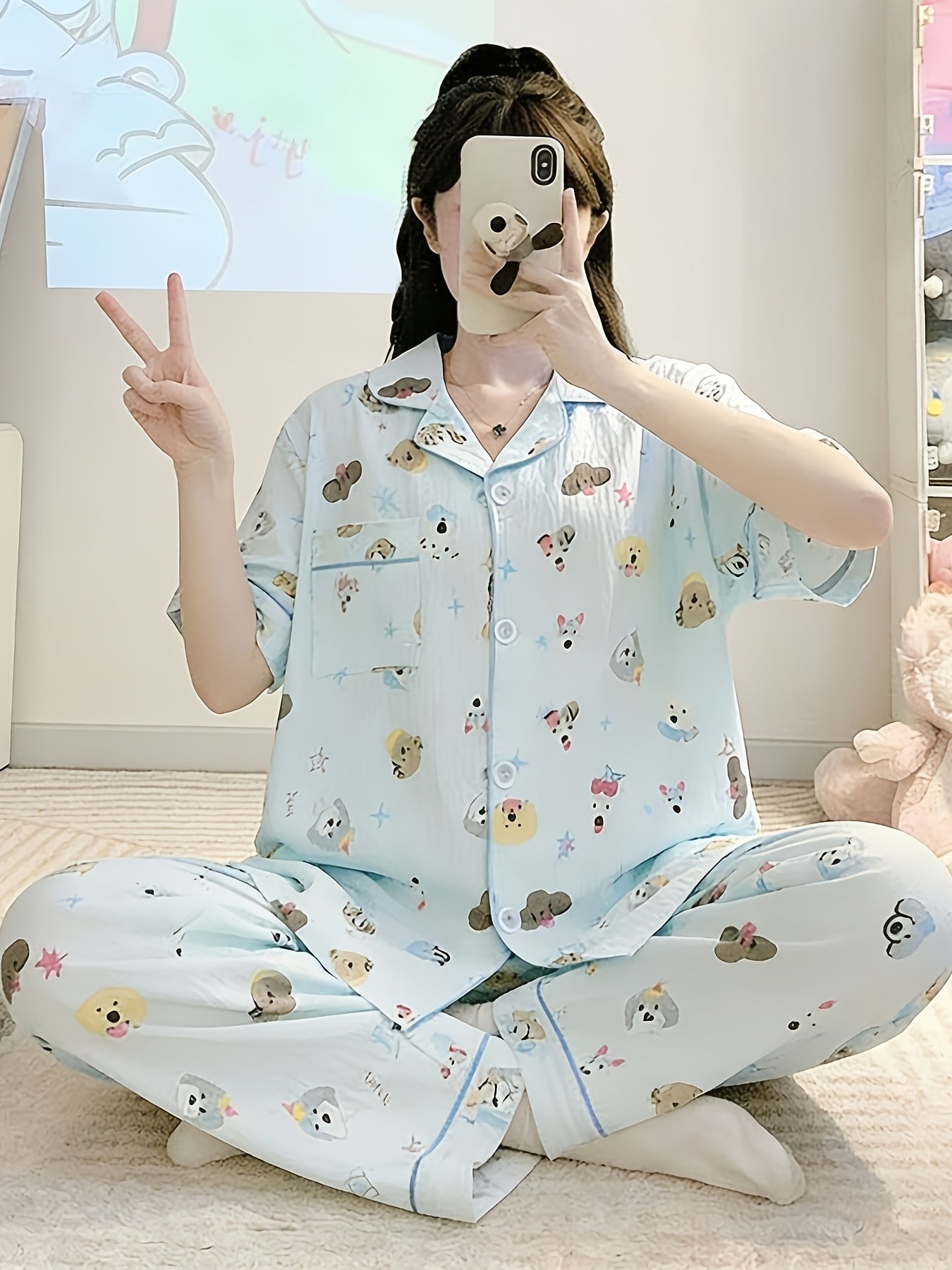 Sky Blue Puppy Charm 3-Piece Pajama Set – Shirt, Shorts & Pants
