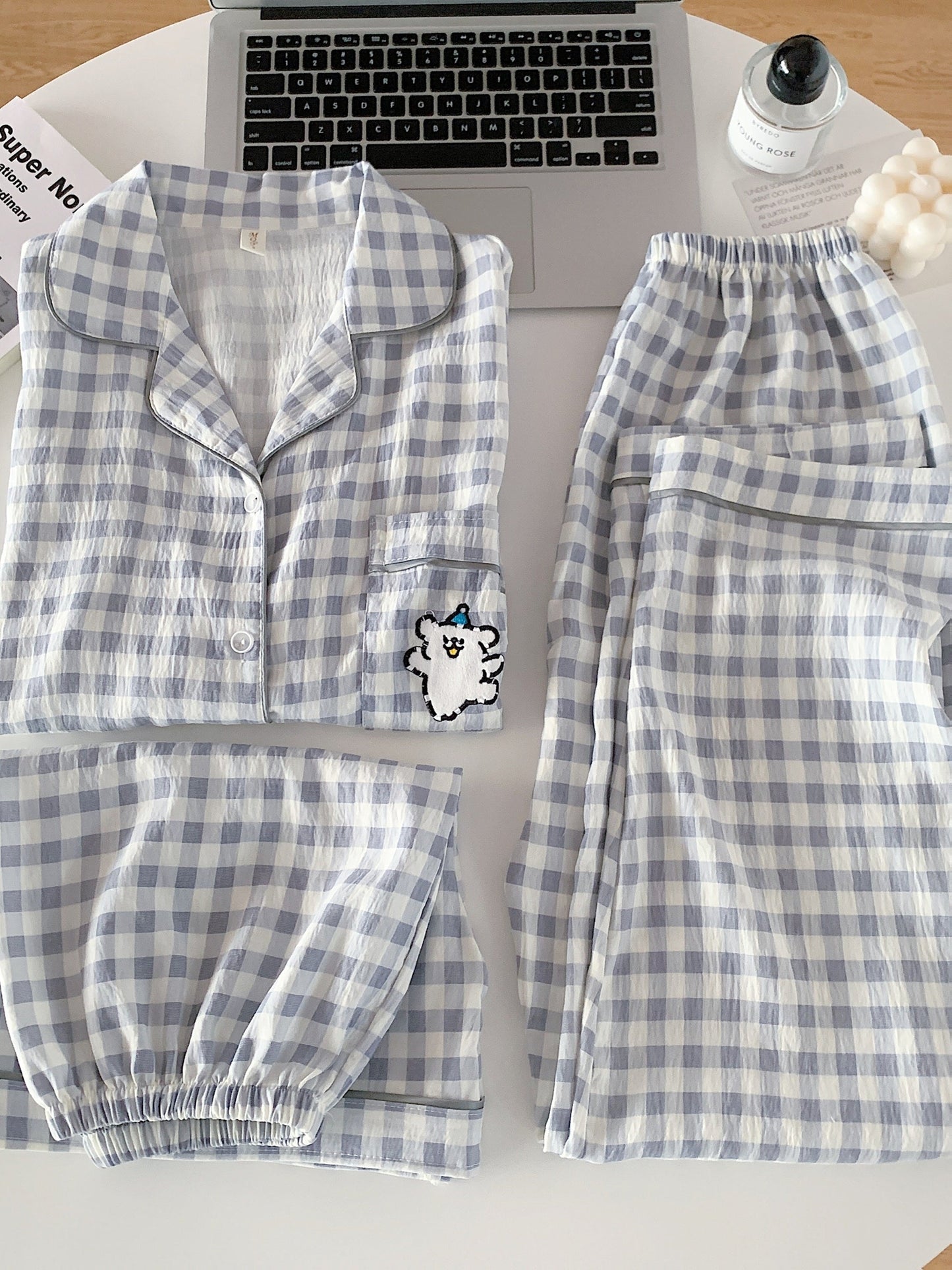 Cloud Check 3-Piece Pajama Set – Shirt, Shorts & Pants