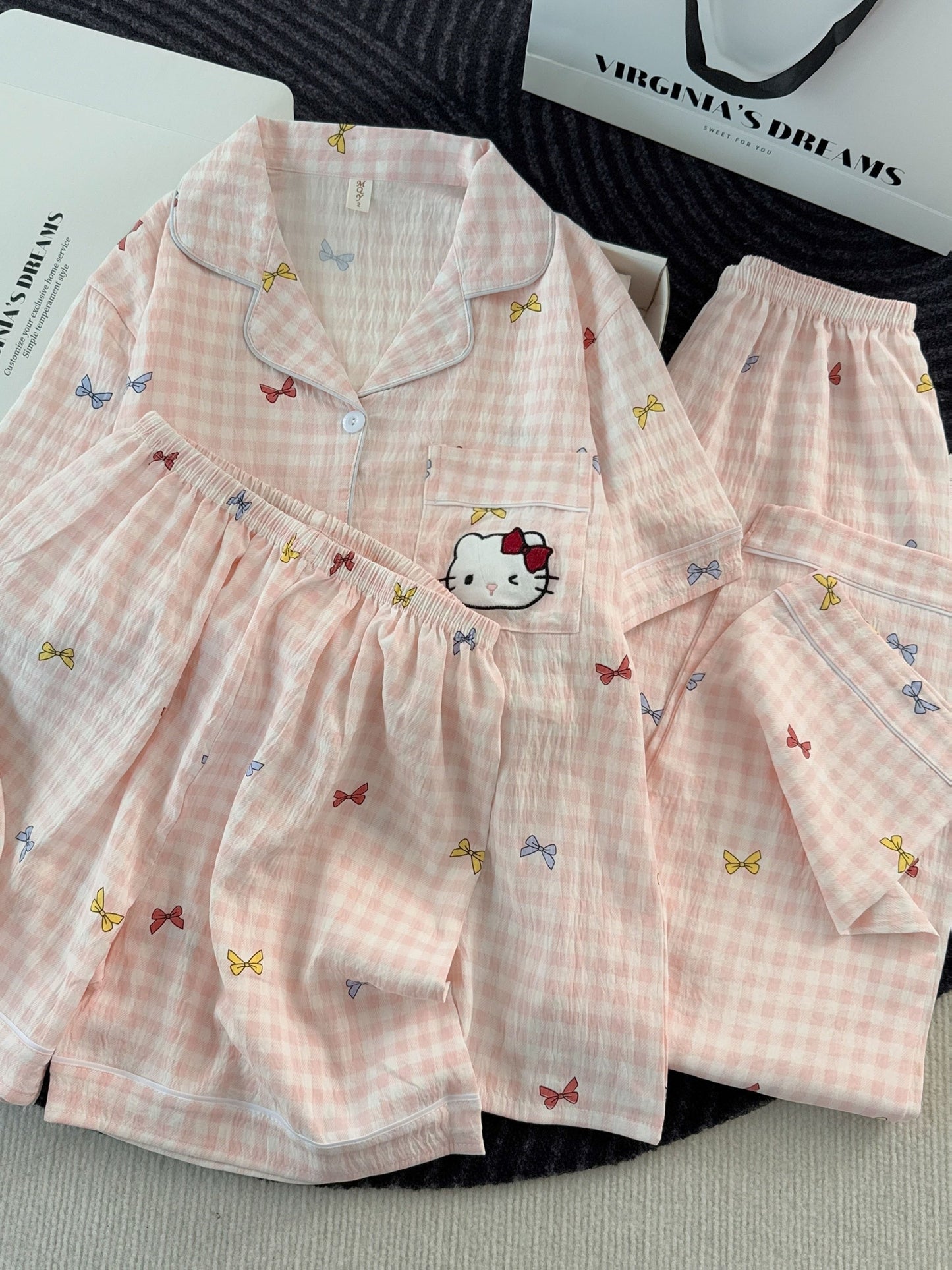Blush Kitty Bow Check 3-Piece Pajama Set – Shirt, Shorts & Pants