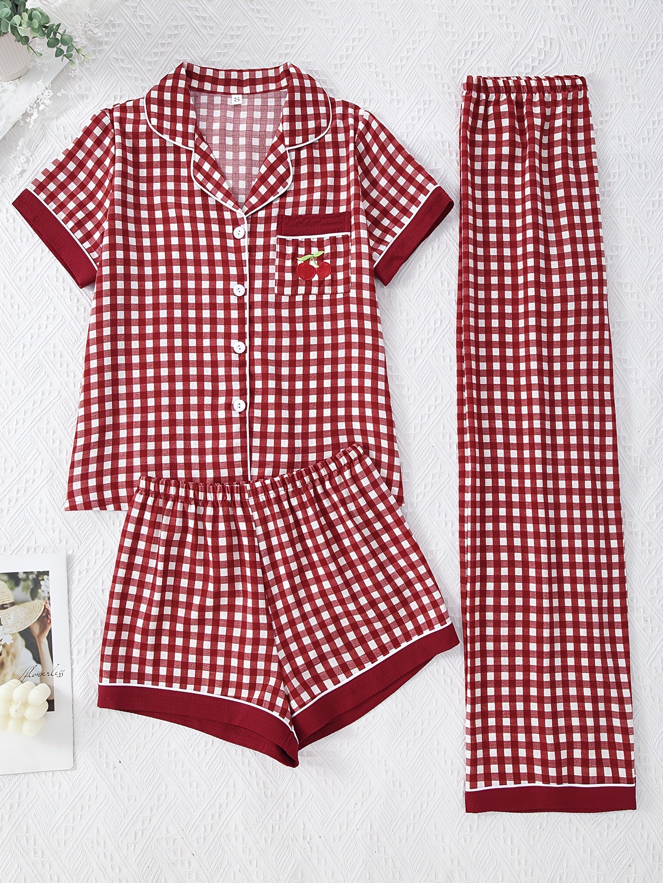 Cherry Gingham 3-Piece Women’s Pajama Set – Burgundy