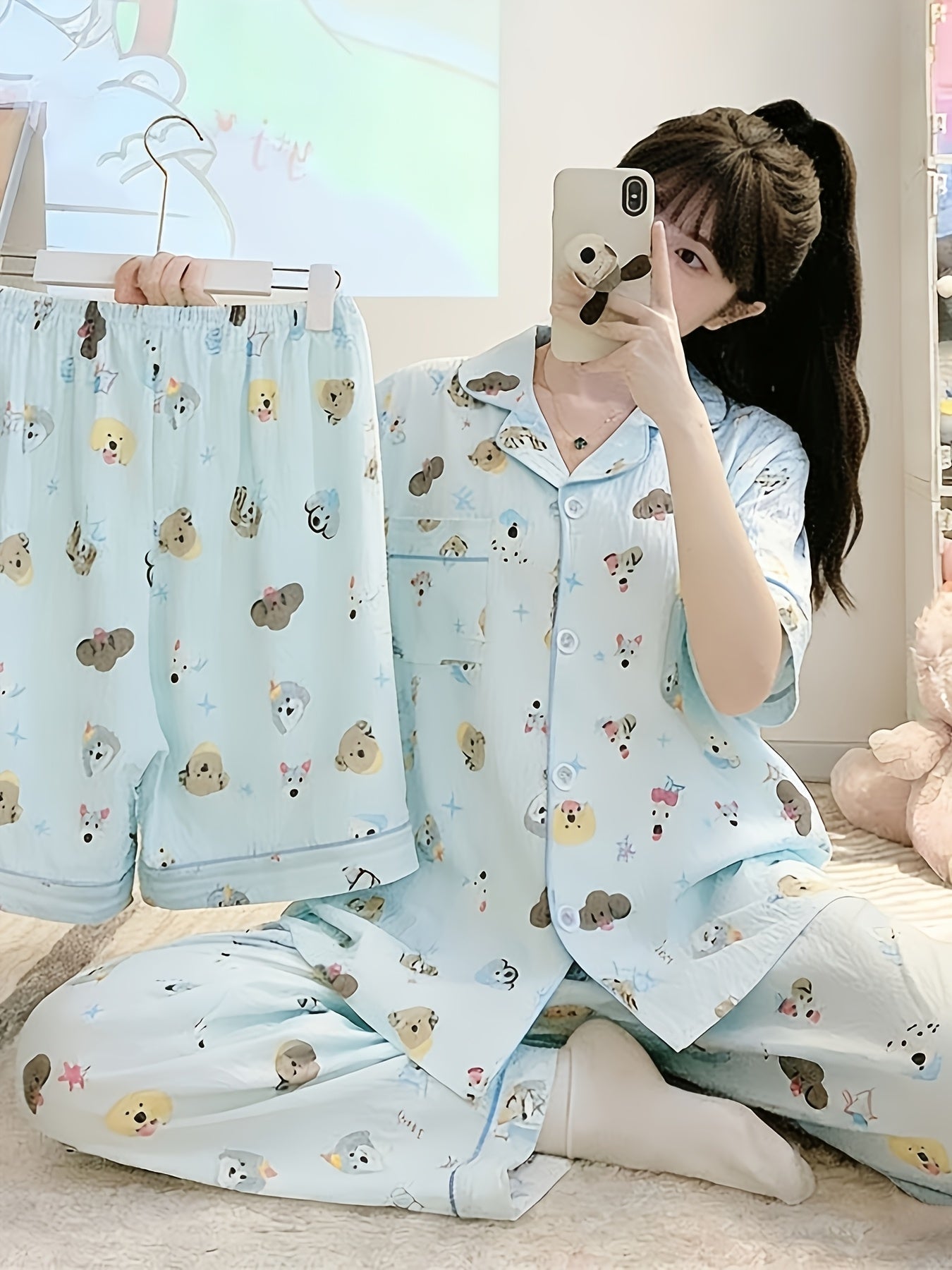 Sky Blue Puppy Charm 3-Piece Pajama Set – Shirt, Shorts & Pants