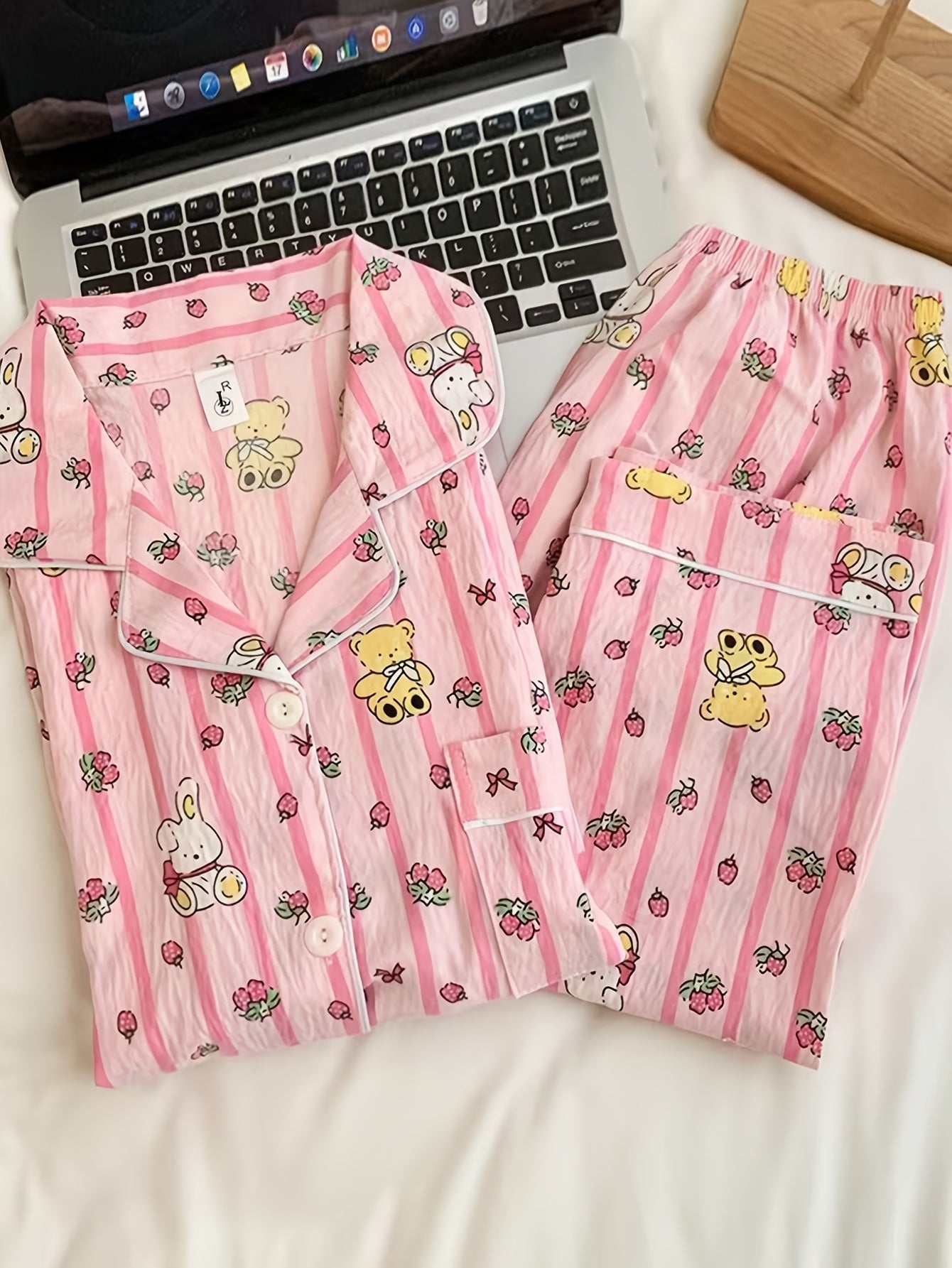 Strawberry Teddy Pink 3-Piece Pajama Set – Shirt, Shorts & Pants