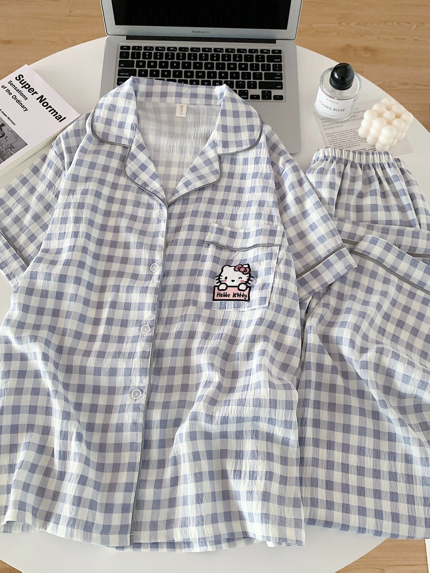 Hello Kitty Cloud Check 3-Piece Pajama Set – Shirt, Shorts & Pants