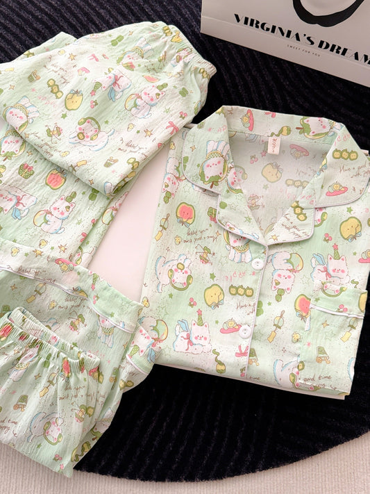 Minty Magic Cartoon 3-Piece Pajama Set – Shirt, Shorts & Pants