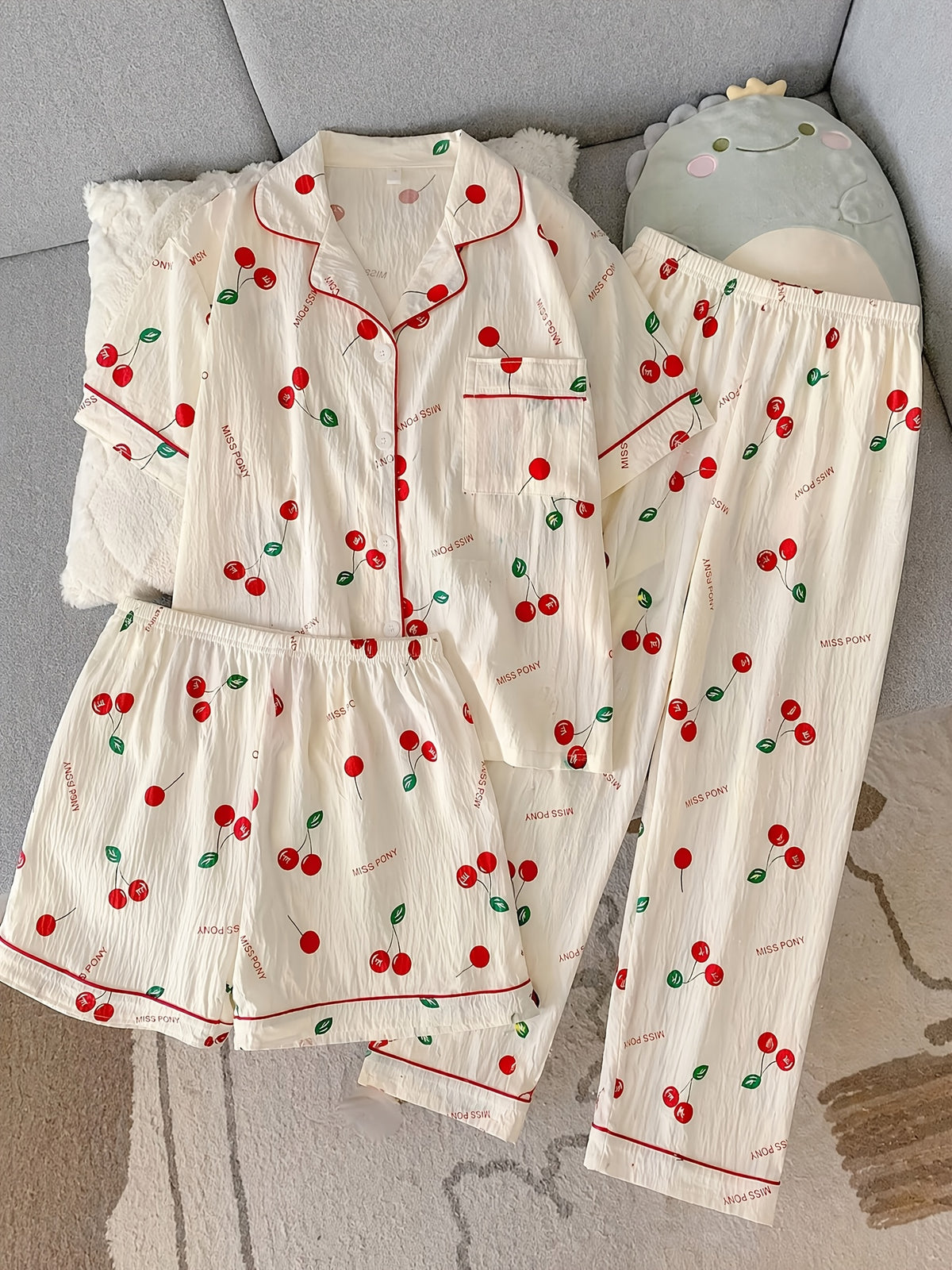 Cherry Print 3-Piece Women’s Pajama Set – Ivory