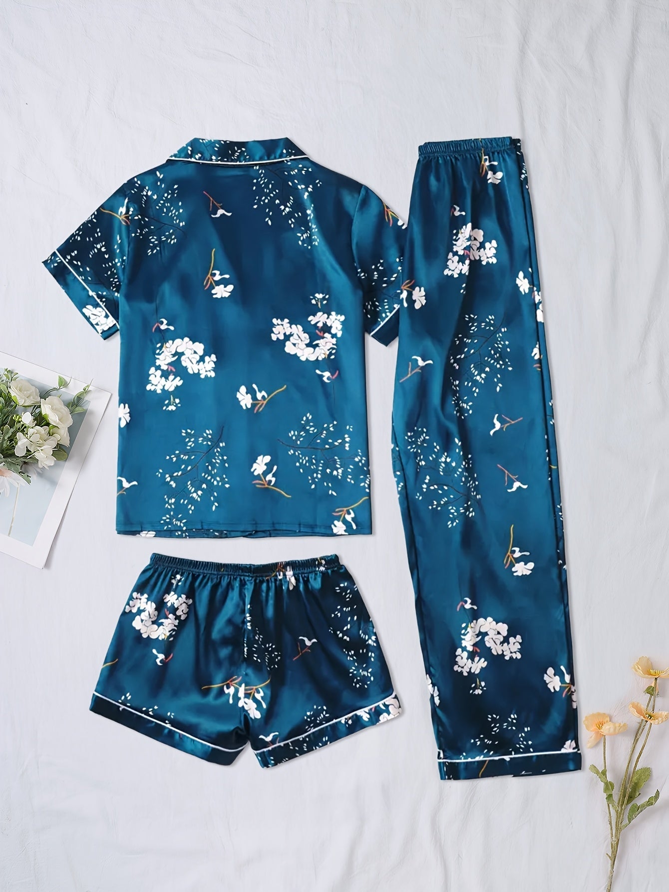 Midnight Bloom Satin 3-Piece Pajama Set