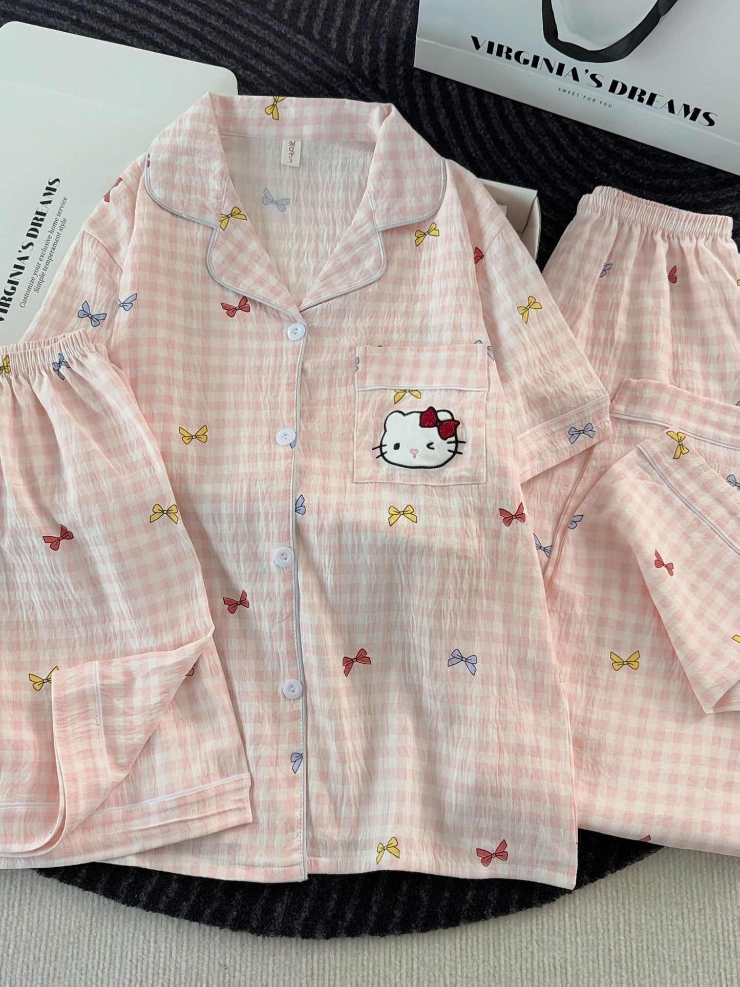 Blush Kitty Bow Check 3-Piece Pajama Set – Shirt, Shorts & Pants
