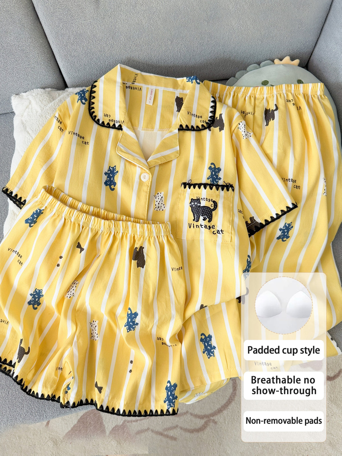 Vintage Cat Print 3-Piece Women’s Pajama Set – Sunshine Yellow