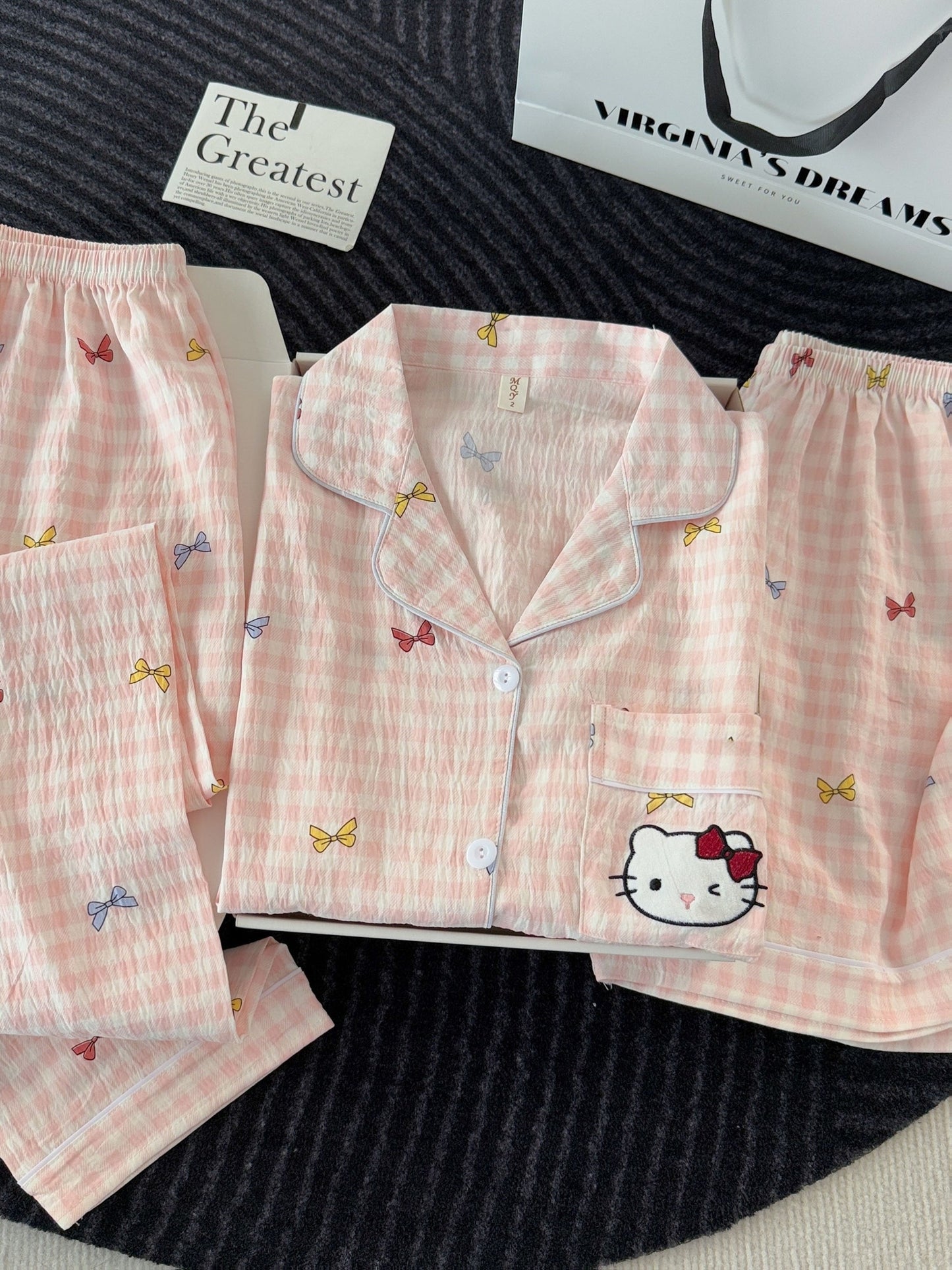 Blush Kitty Bow Check 3-Piece Pajama Set – Shirt, Shorts & Pants