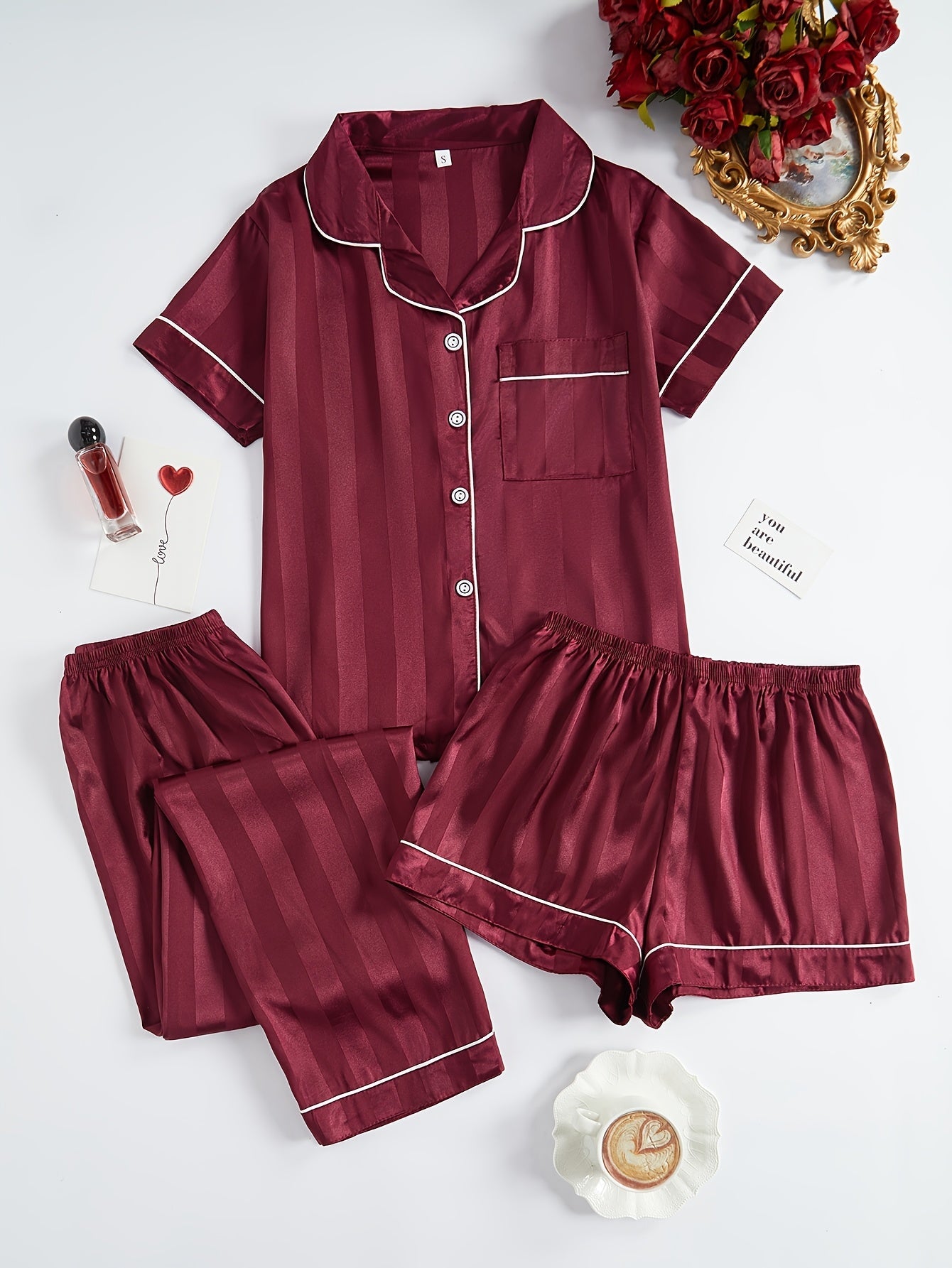 Burgundy Luxe 3-Piece Satin Pajama Set
